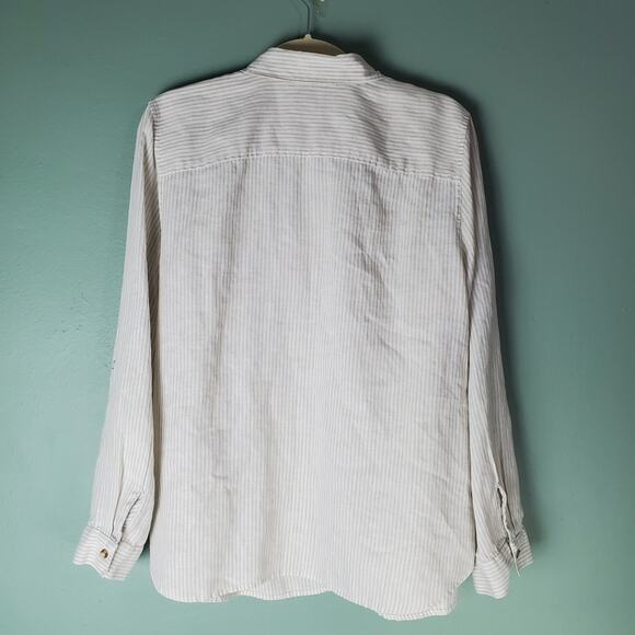 Chicos Womens No Iron Linen Striped Print Rolltab Sleeve Button Shirt Size 2.5 L - Picture 2 of 6